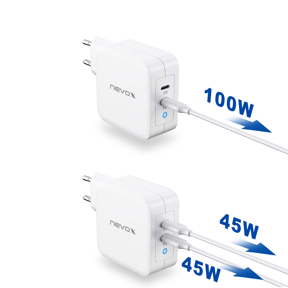 Nevox 100 W Dual USB-C PD Ladegerät GaN, weiß