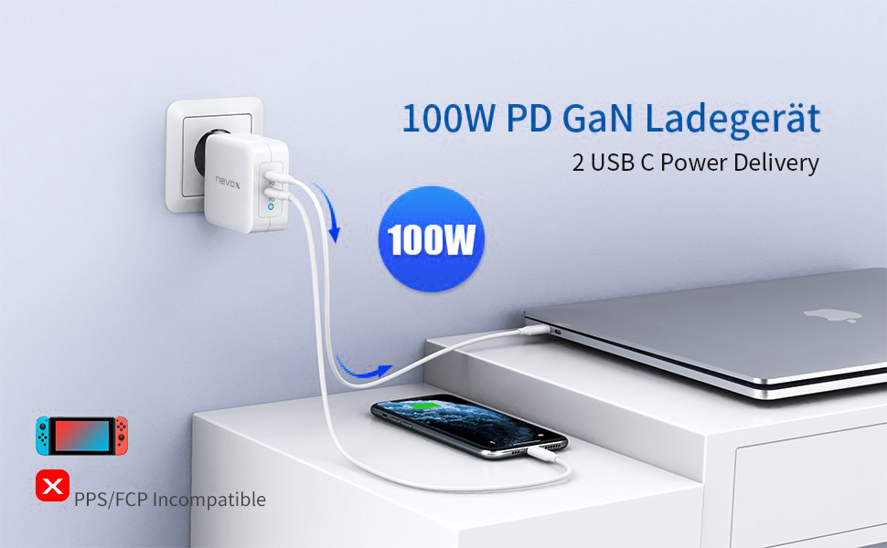 Nevox 100 W Dual USB-C PD Ladegerät GaN, weiß
